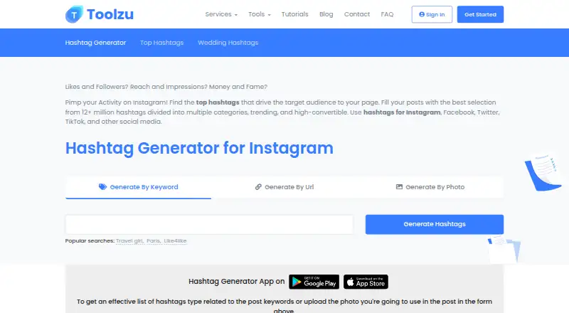 Toolzu Hashtag Generator's website