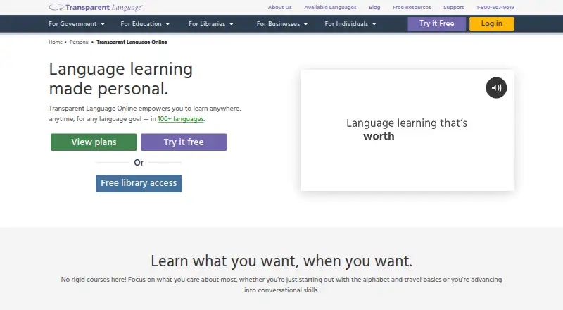 The Transparent Language Online homepage