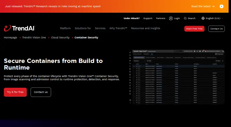 Trend Vision One Container Security's website