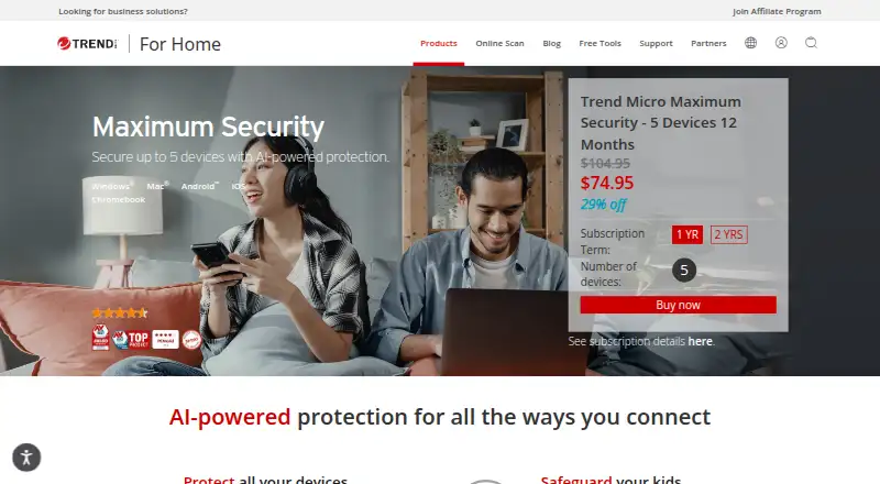 Trend Micro Maximum Security's website