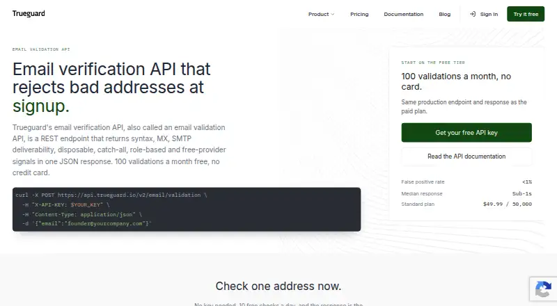 Trueguard Email Verification API's website