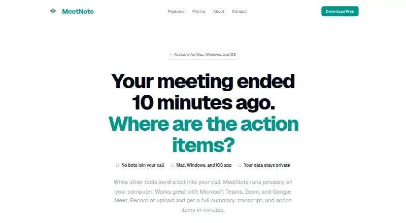 The MeetNote homepage