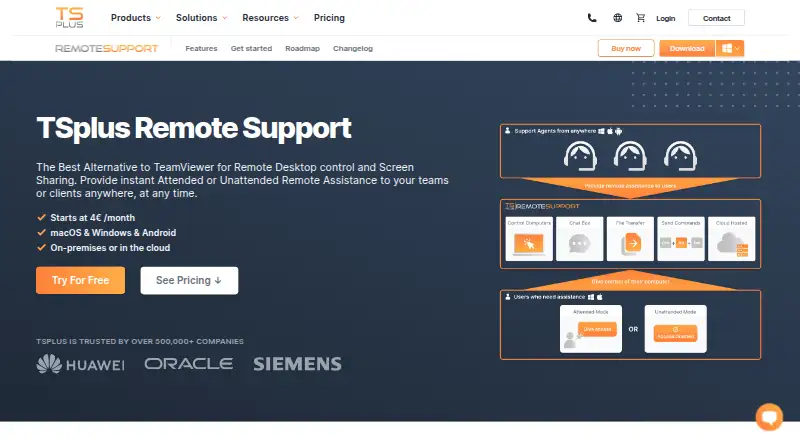 The TSplus Remote Support homepage
