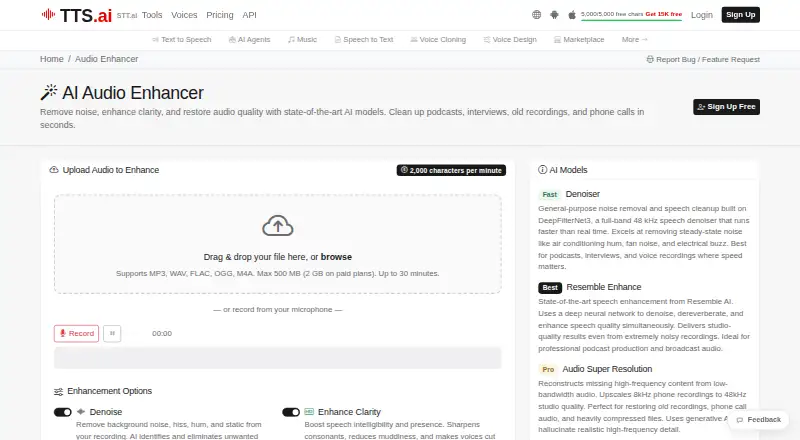 The TTS.ai Audio Enhancer homepage