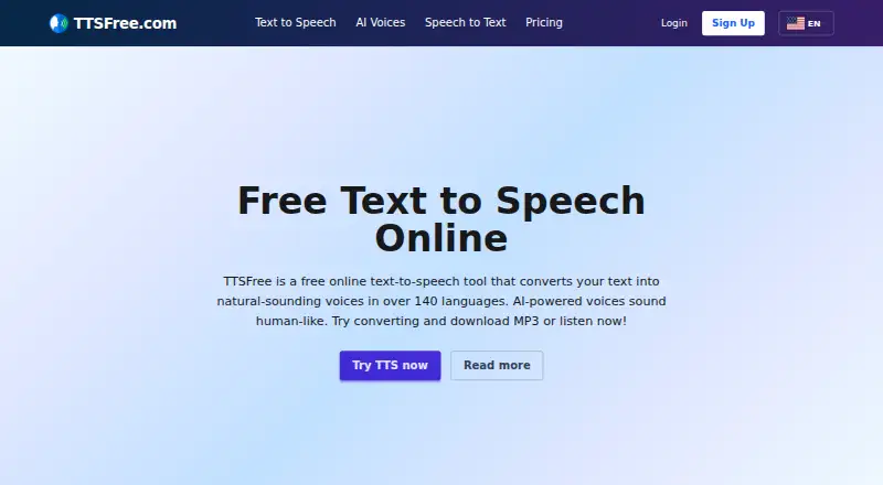 The TTSFree homepage