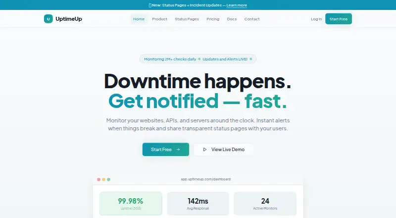 The UptimeUp homepage