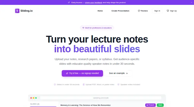 The Sliding.io homepage