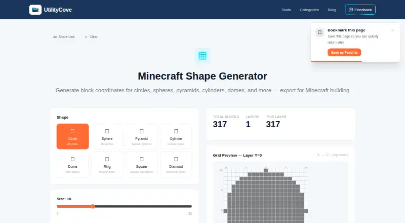UtilityCove Minecraft Shape Generator's website