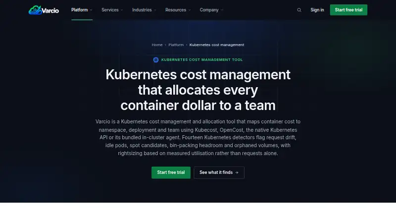 Varcio Kubernetes Cost Management's website