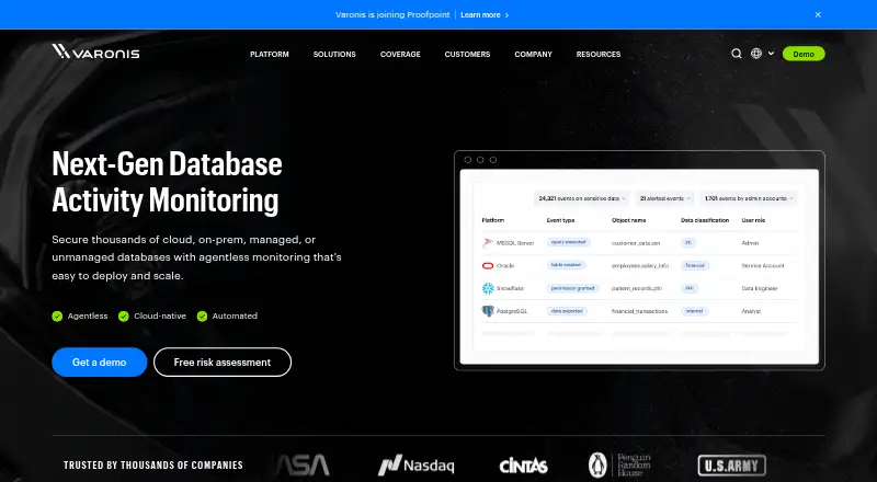 Varonis Next-Gen Database Activity Monitoring's website