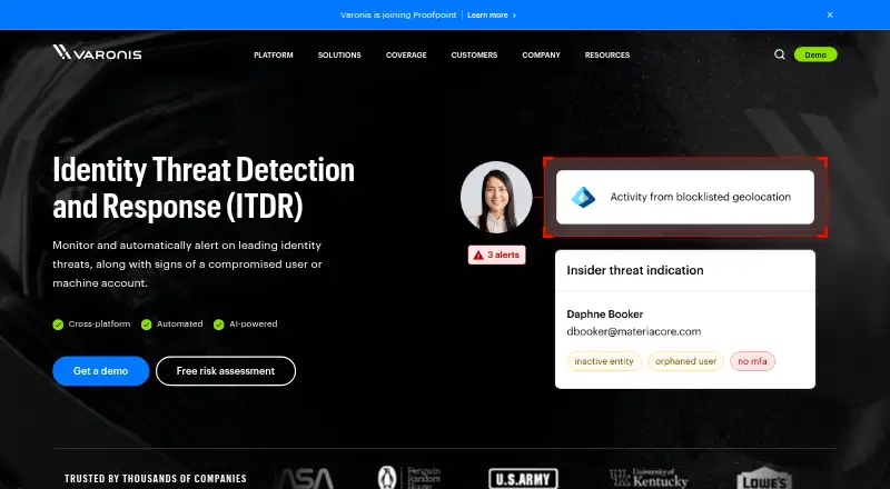 Varonis Identity Threat Detection and Response's website