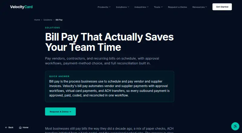 Velocity Bill Pay's website