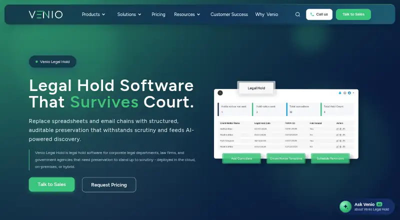 Venio Legal Hold's website