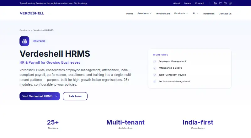 The Verdeshell HRMS homepage