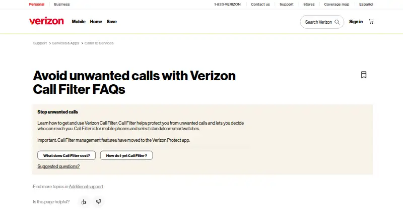 Verizon Call Filter's website