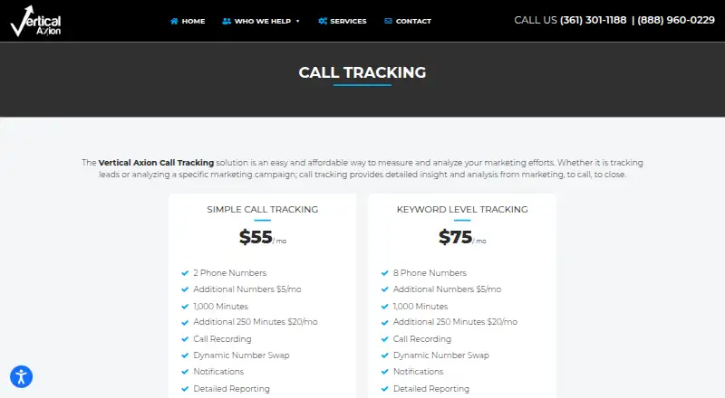 Vertical Axion Call Tracking's website