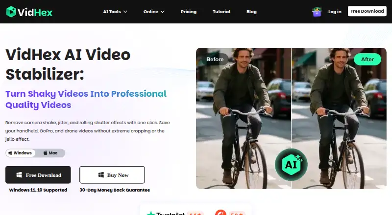The VidHex AI Video Stabilizer homepage