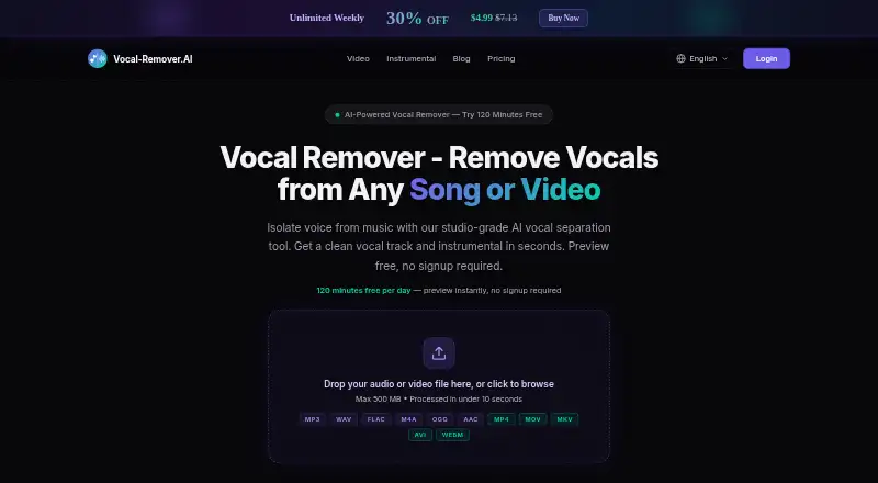 The Vocal Remover AI homepage