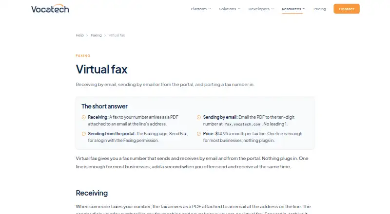 The Vocatech Virtual Fax homepage