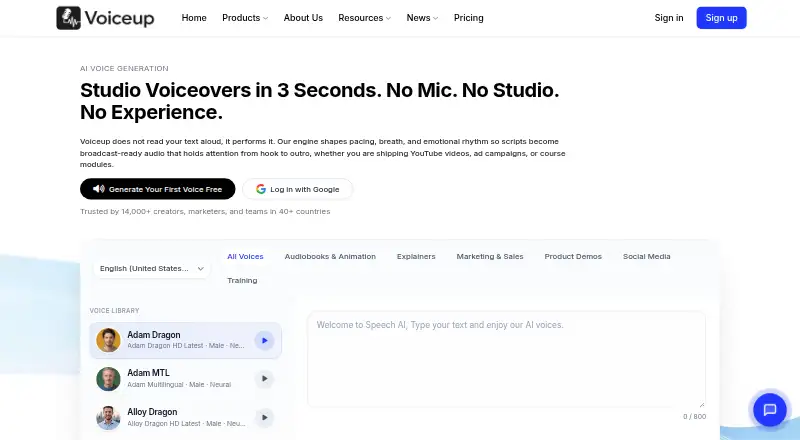 The VoiceUp homepage