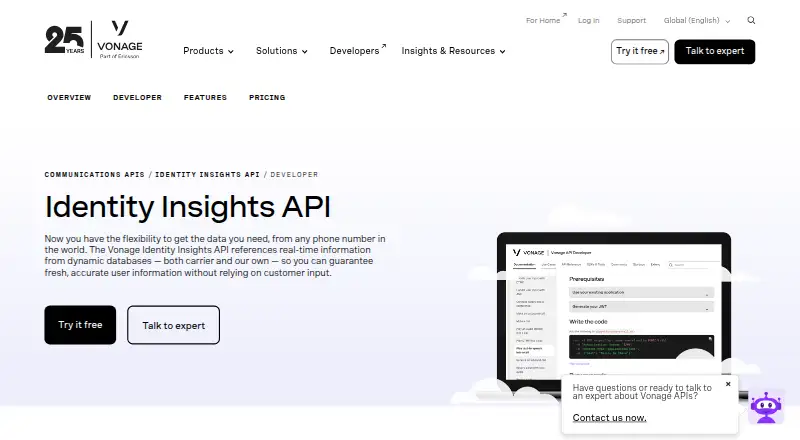 Vonage Identity Insights's website