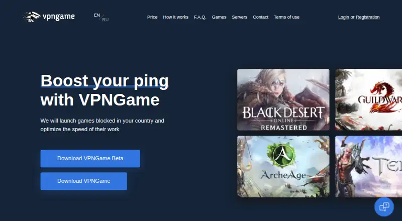 The VPNGame homepage