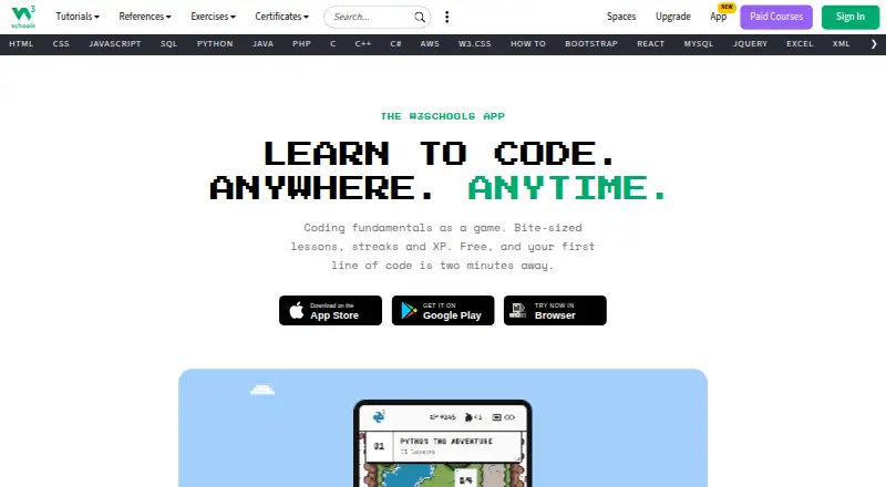 W3Schools Adventure's website