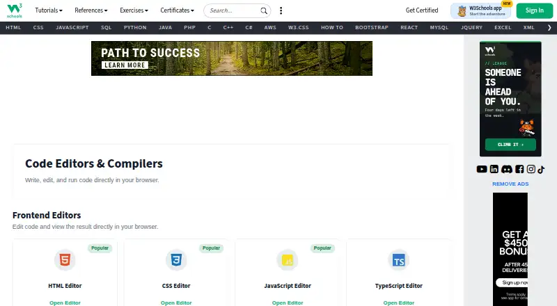 The W3Schools Tryit Editor homepage