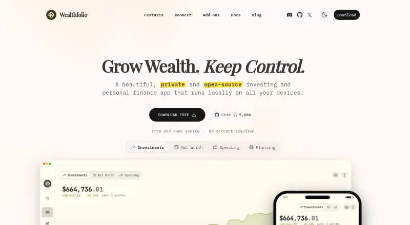 The Wealthfolio homepage