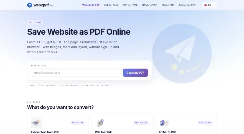 The Web2PDF homepage