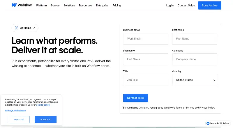 Webflow Optimize's website