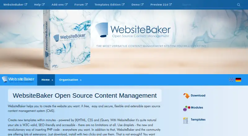 The WebsiteBaker homepage