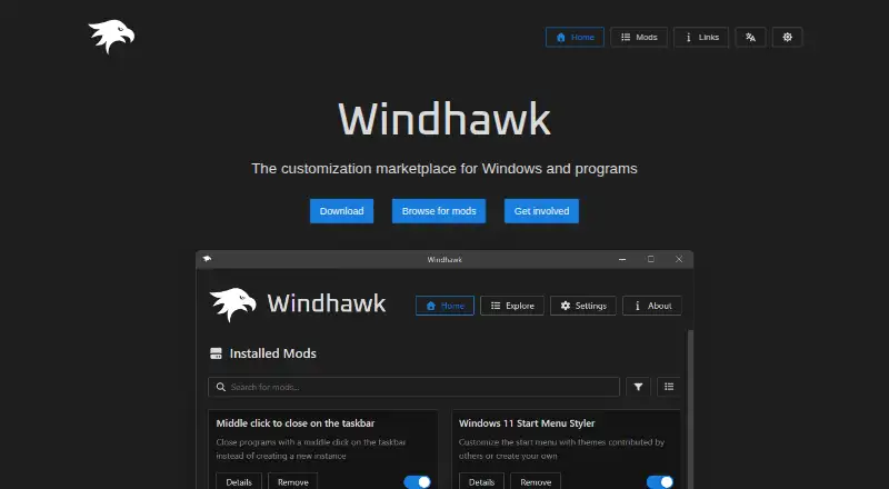 The Windhawk homepage