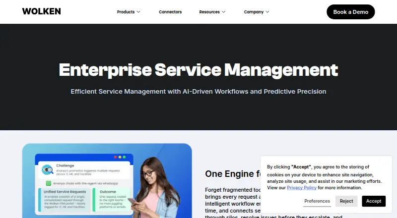 Wolken AI Enterprise Service Management's website