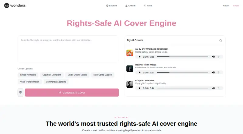 Wondera AI Cover Engine's website