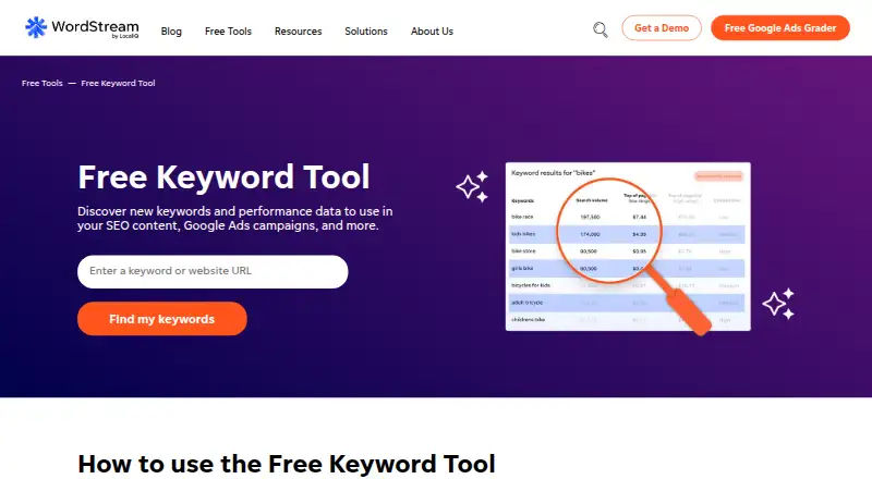 The WordStream Free Keyword Tool homepage