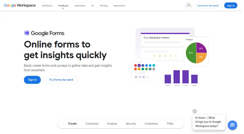 The Google Forms homepage