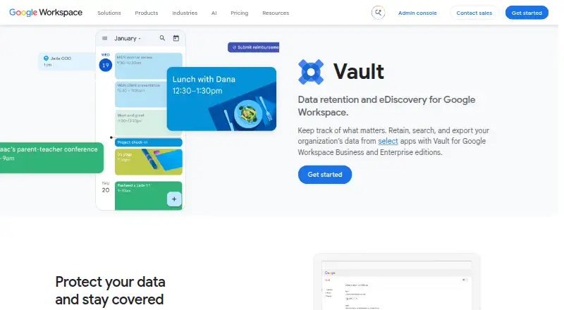 The Google Vault homepage