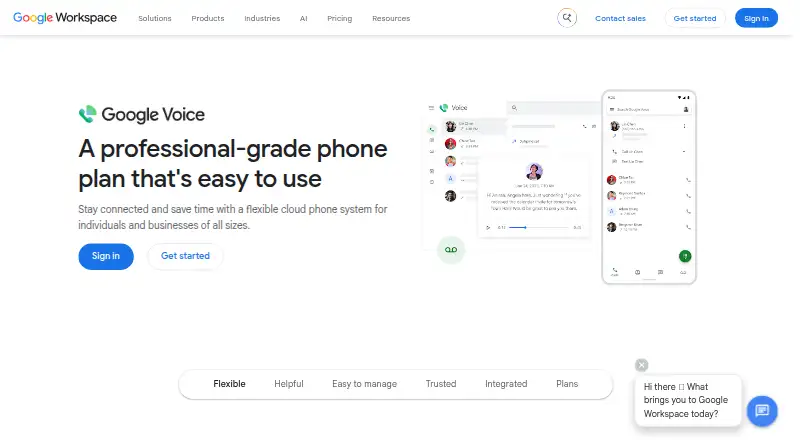 The Google Voice for business homepage
