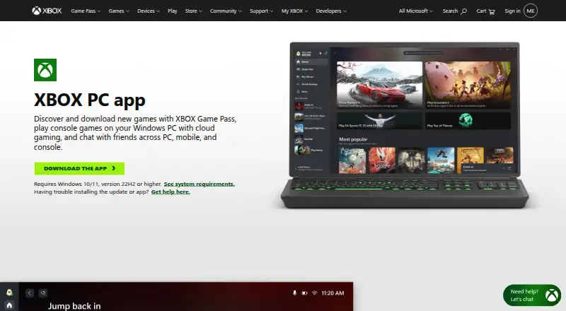 Xbox app for PC's website