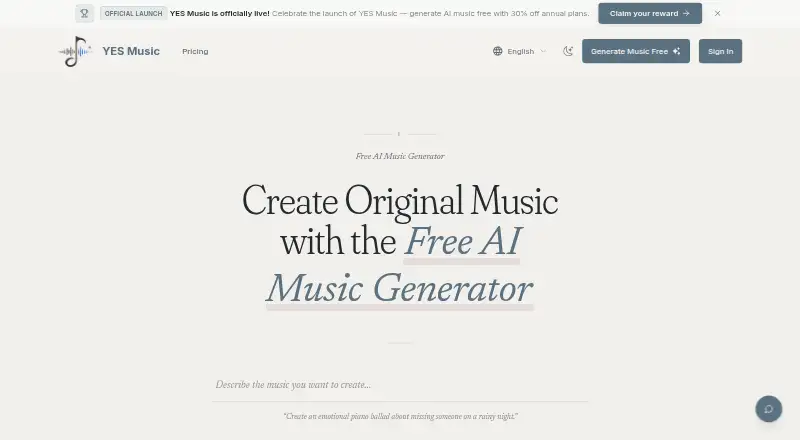 The YES Music homepage