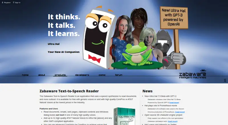 The Zabaware Text-to-Speech Reader homepage