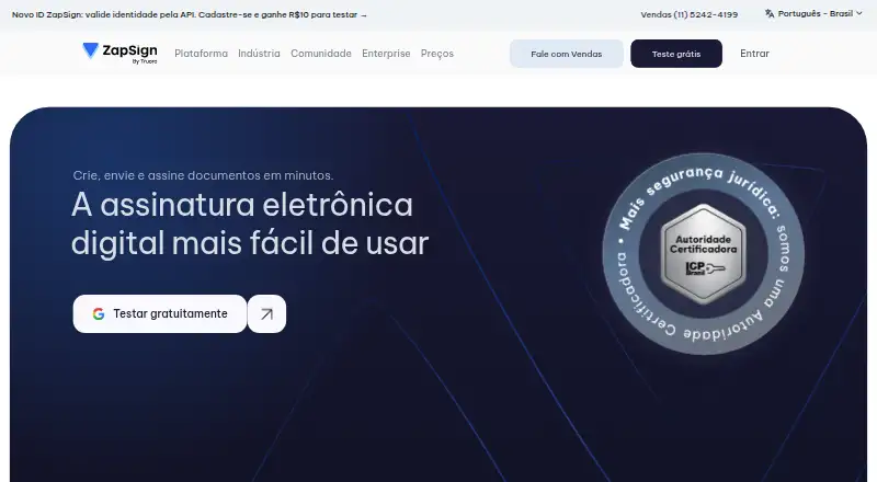 The ZapSign homepage