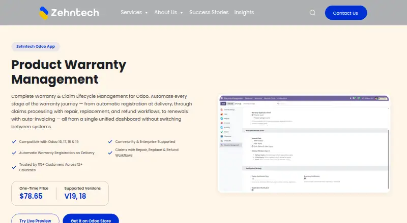 Zehntech Product Warranty Management's website