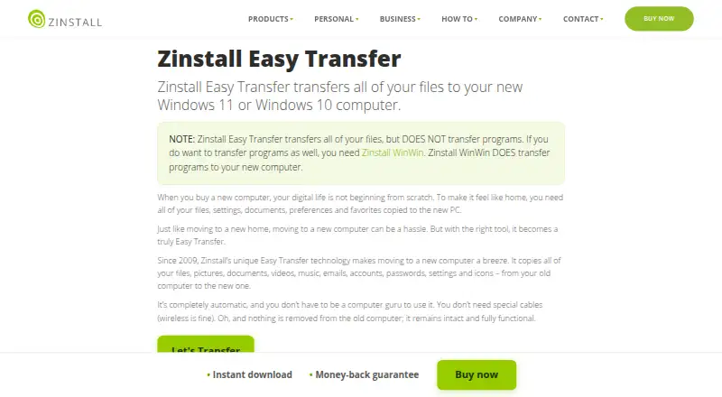 Zinstall Easy Transfer's website