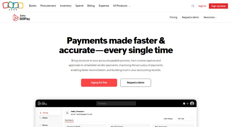 The Zoho BillPay homepage