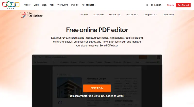 The Zoho PDF Editor homepage