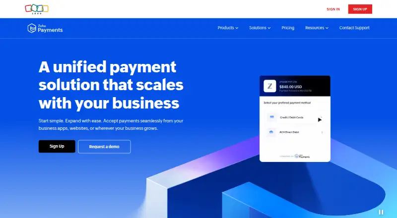 Zoho Payments's website